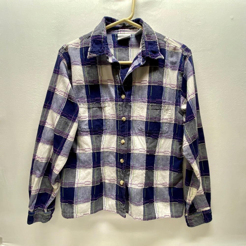 Vintage Partners Button Down Shirt Women's Medium Purple Plaid Cotton Longsleeve